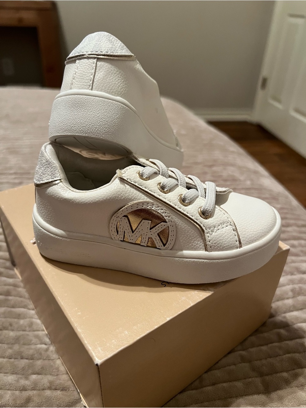Michael Kors White Leather Platform Logo Sneakers with Gold Accents toddler